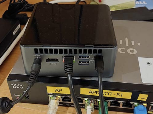 Intel NUC small server used to support coredhcp, radvd and the NAT64 translator to support the IPv6-only wireless network at APRICOT 2024